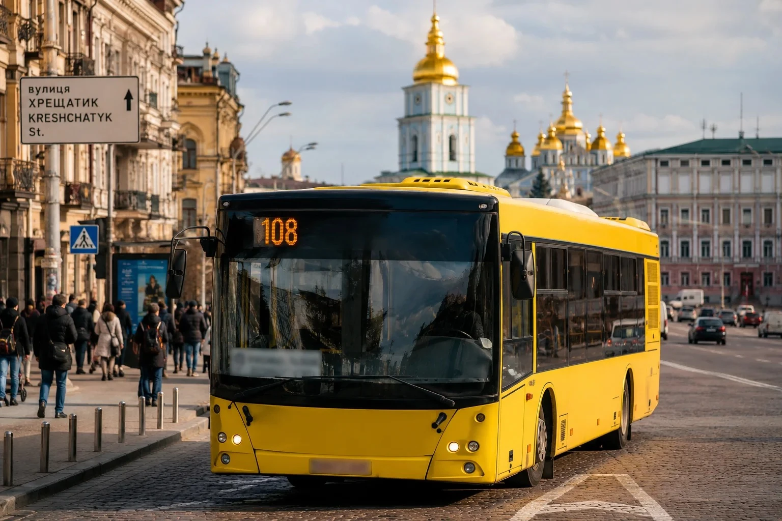Жовтий автобус маршруту 108 у центрі Києва біля Михайлівського монастиря