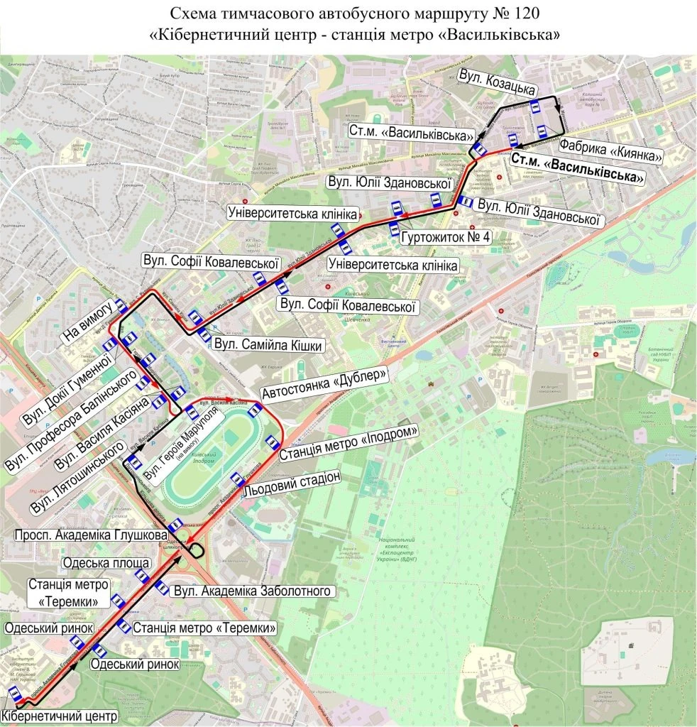 Схема автобусного маршруту № 120 з усіма зупинками на карті Києва