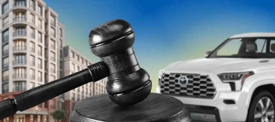 Судовий молоток на тлі багатоповерхівки та білого позашляховика Toyota