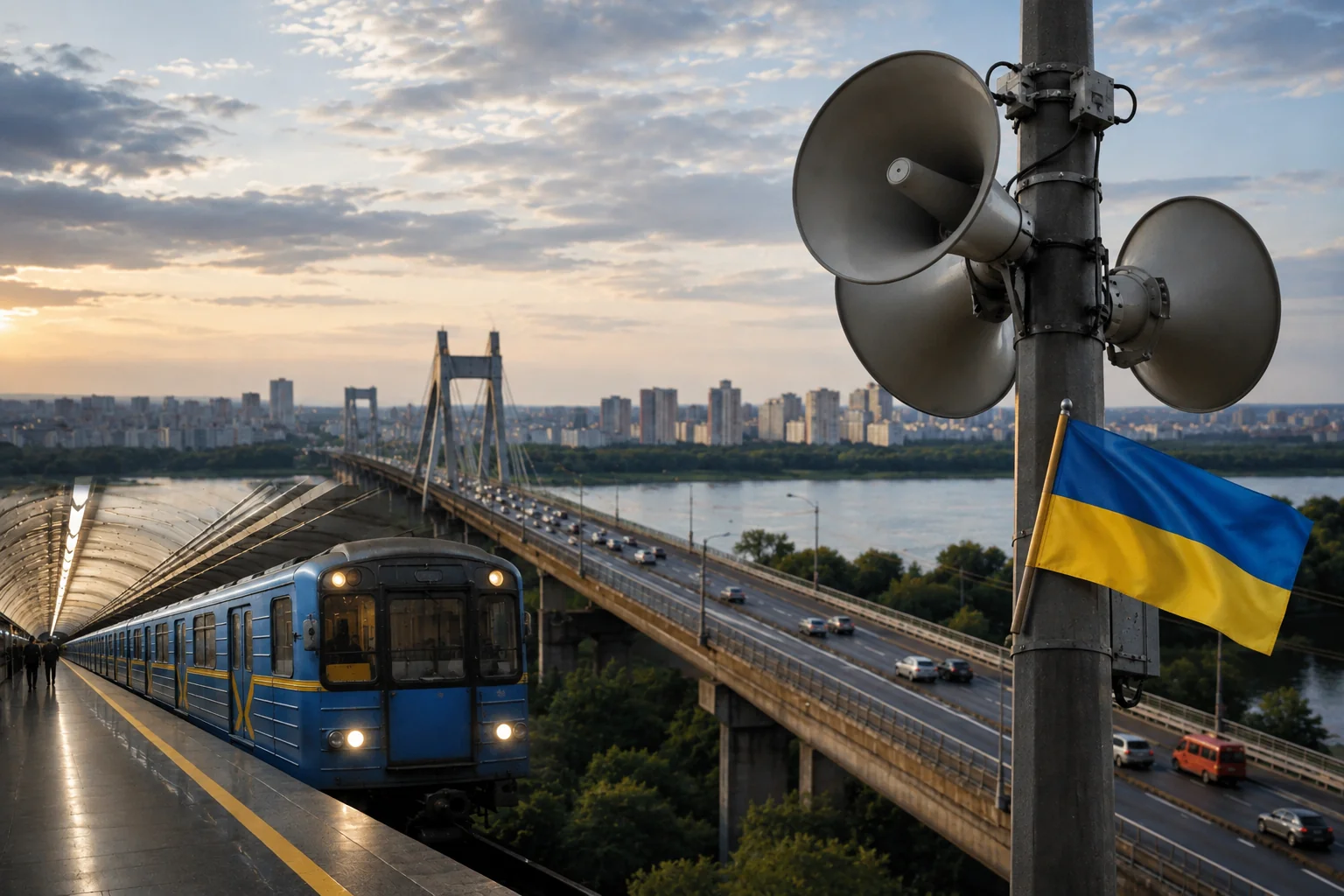 Київський метропоїзд на станції біля мосту через Дніпро з прапором України