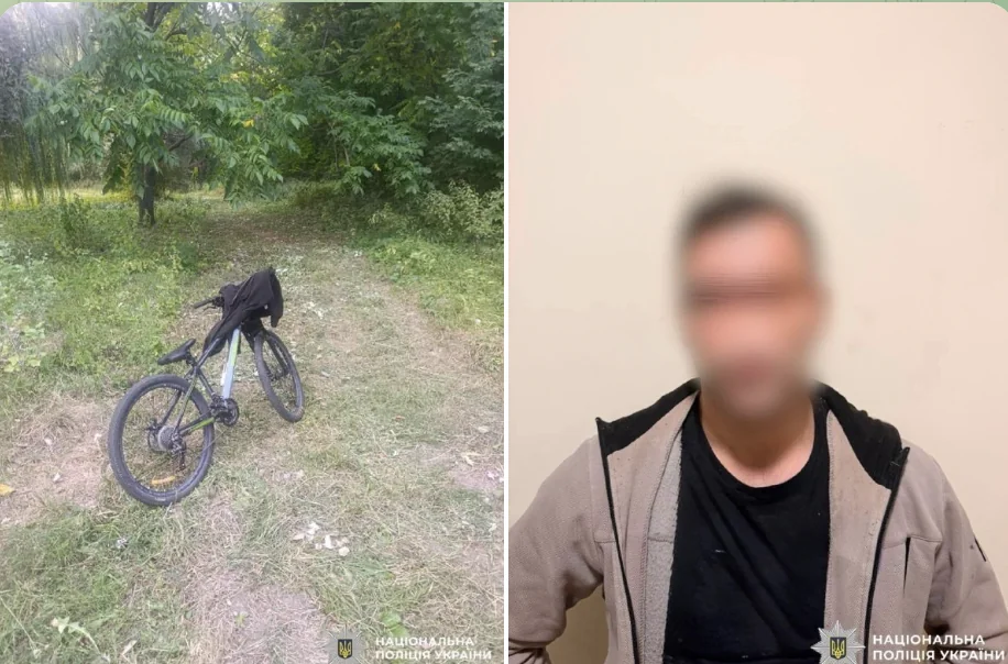 Велосипед на траві в лісопосадці та розмитий портрет чоловіка в худі