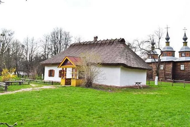 Дерев'яна церква з синіми куполами та хата з соломяним дахом біля жовтих квітів