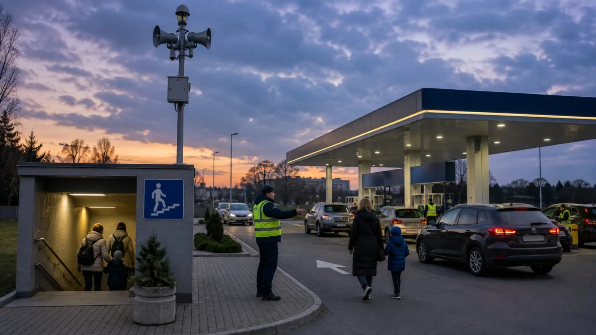 Працівник у жилеті спрямовує людей біля АЗС і підземного переходу